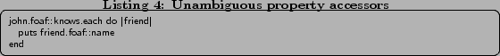 \begin{lstlisting}[caption=Unambiguous property accessors,label=lst:unambi] john.foaf::knows.each do \vert friend\vert puts friend.foaf::name end \end{lstlisting}