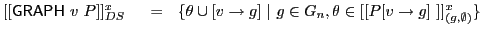 $ [[\textsf{GRAPH}\xspace \ v\ P]]^x_{DS}\ \ \ \ =\ \ \{\theta \cup[v\rightarrow g]~\vert~g \in G_n, \theta \in [[P[v\rightarrow g]~]]^x_{(g,\emptyset)}\}$