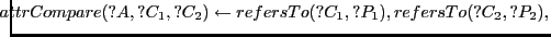 $\displaystyle \hspace{-.3cm} attrCompare(?A,?C_1,?C_2) \leftarrow refersTo(?C_1,?P_1), refersTo(?C_2,?P_2),\nonumber$