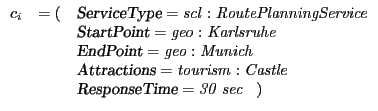 $\displaystyle \begin{array}{rcl} c_\ensuremath{i}& = ( & \textsl{{ServiceType}}... ...me}} = \ensuremath{\footnotesize {\mathit{{30 \; sec}}}}\;\;\;) \\ \end{array}$