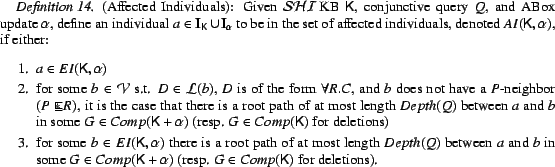 \begin{Definition}(Affected Individuals): Given $\mathcal{SHI\ }$KB ${\sf K}$, c... ...n\ensuremath{Comp({\sf K})}$ \par \end{enumerate}\end{enumerate}\end{Definition}