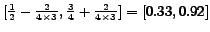 $ [\frac{1}{2}-\frac{2}{4\times3},\frac{3}{4}+\frac{2}{4\times3}] = [0.33, 0.92]$