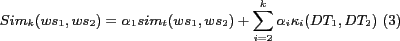 \begin{align*}
Sim_{k}(ws_{1},ws_{2})=\alpha_{1} sim_{t}(ws_{1},ws_{2})+\sum^{k}_{i=2}{\alpha_{i} \kappa_{i}(DT_{1},DT_{2})} (3)
\end{align*}